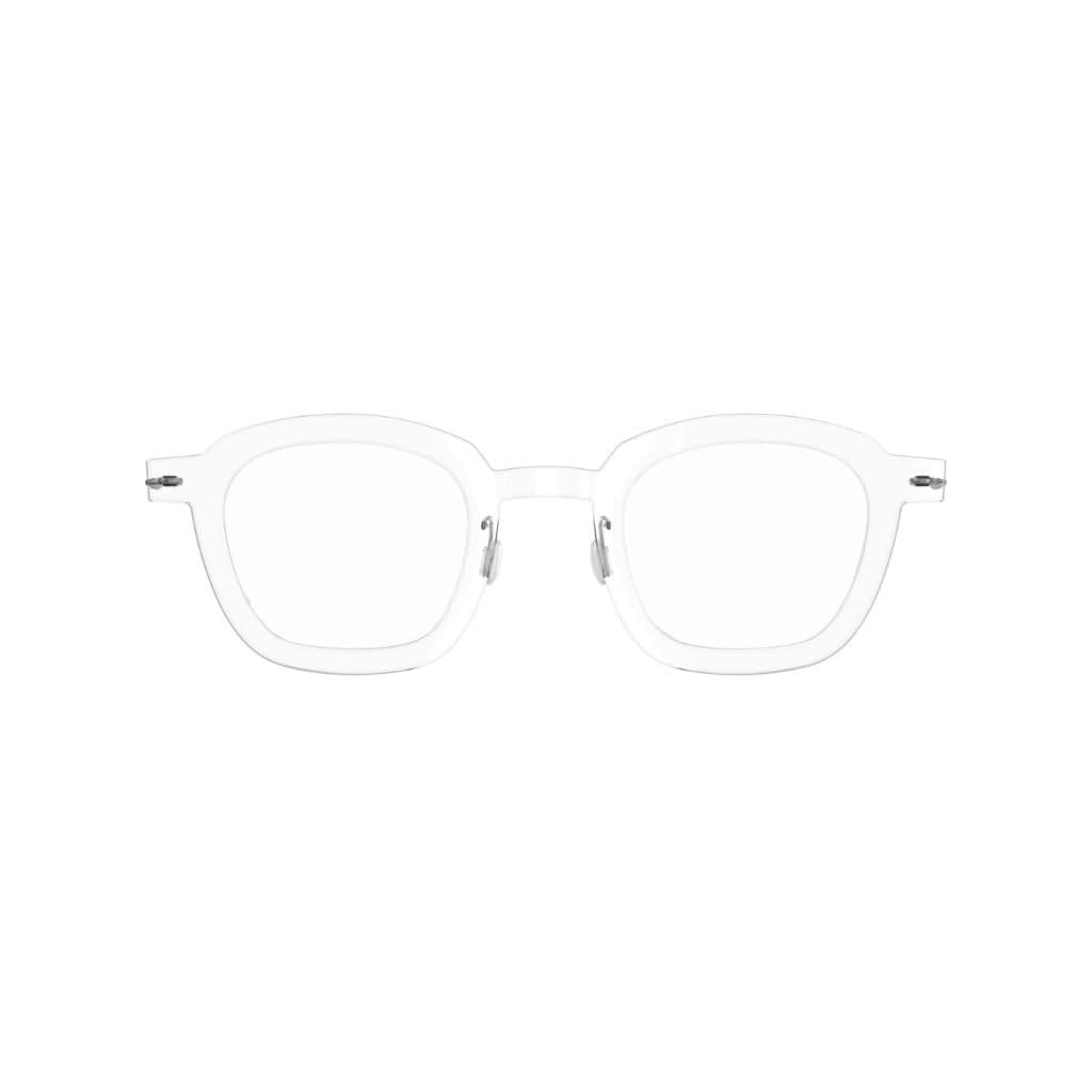 Frontansicht der Lindberg Brille 6587 C01 – klare, transparente Acetatfront mit einem modernen, leicht rechteckigen Design. Kombiniert mit matten Titanbügeln für einen eleganten Look, erhältlich bei Brillen Schneider in München.