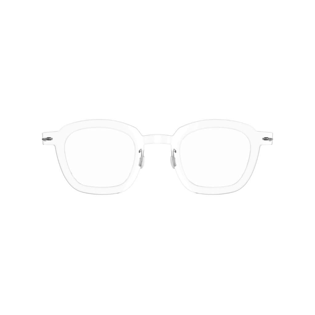 Frontansicht der Lindberg Brille 6587 C01 – klare, transparente Acetatfront mit einem modernen, leicht rechteckigen Design. Kombiniert mit matten Titanbügeln für einen eleganten Look, erhältlich bei Brillen Schneider in München.