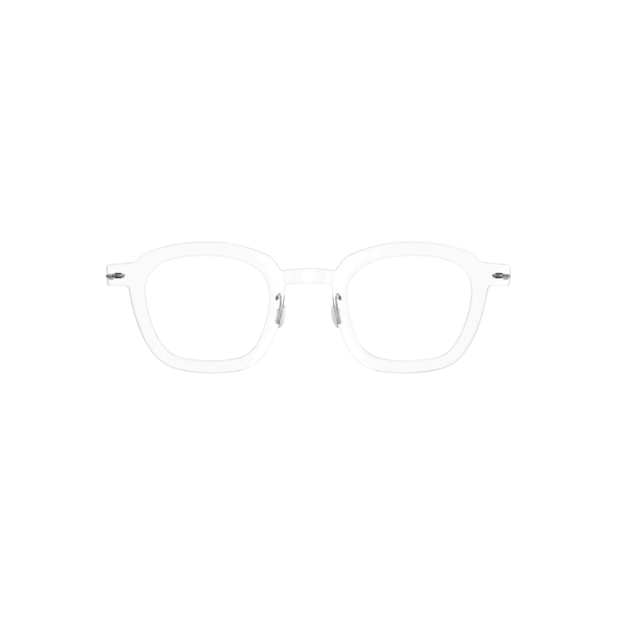 Frontansicht der Lindberg Brille 6587 C01 – klare, transparente Acetatfront mit einem modernen, leicht rechteckigen Design. Kombiniert mit matten Titanbügeln für einen eleganten Look, erhältlich bei Brillen Schneider in München.