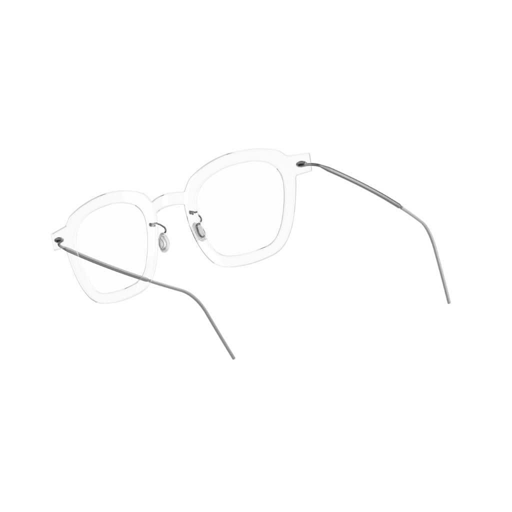Seitliche Ansicht der Lindberg Brille 6587 C01 – klare, transparente Acetatfront kombiniert mit eleganten, matten Titanbügeln. Modernes, leicht rechteckiges Design, erhältlich bei Brillen Schneider in München.