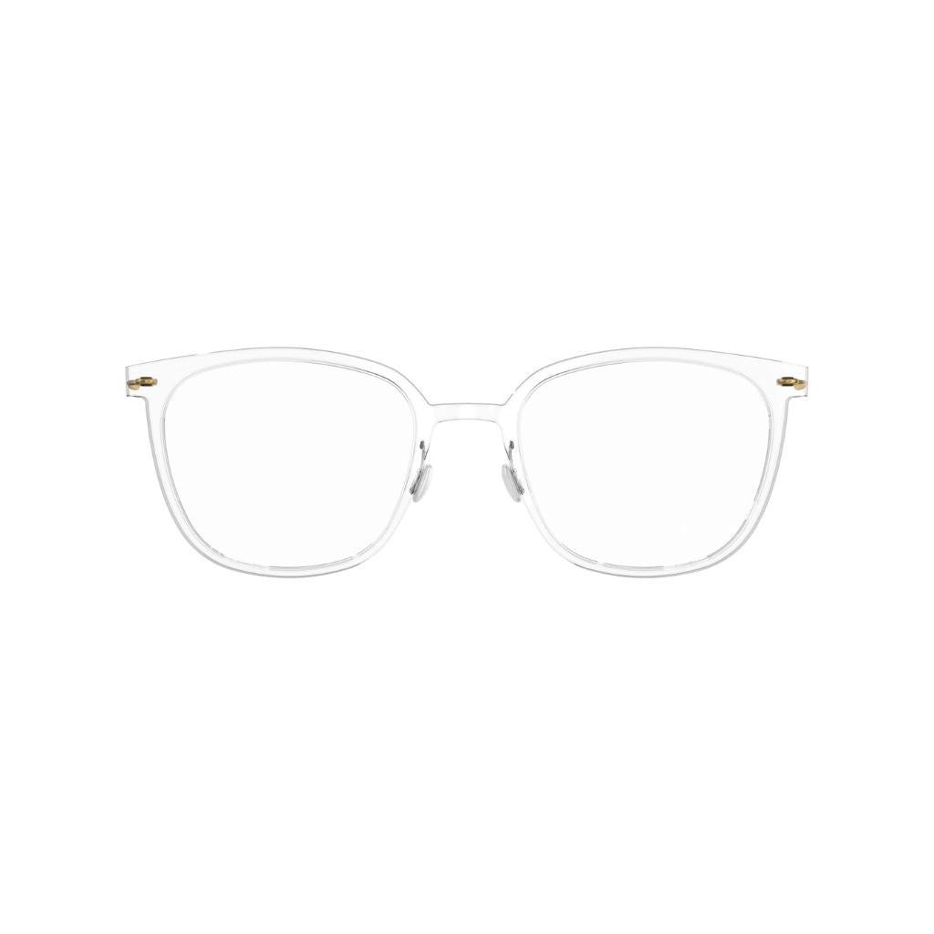 Frontansicht: "Brille Modell 6638 C07 von Lindberg, Frontansicht, klare transparente Acetatfassung mit eleganten goldenen Titanbügeln. Stilvoll und modern, erhältlich bei Brillen Schneider in München.