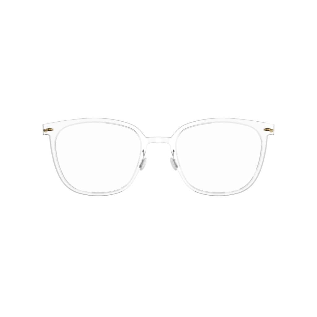 Frontansicht: "Brille Modell 6638 C07 von Lindberg, Frontansicht, klare transparente Acetatfassung mit eleganten goldenen Titanbügeln. Stilvoll und modern, erhältlich bei Brillen Schneider in München.