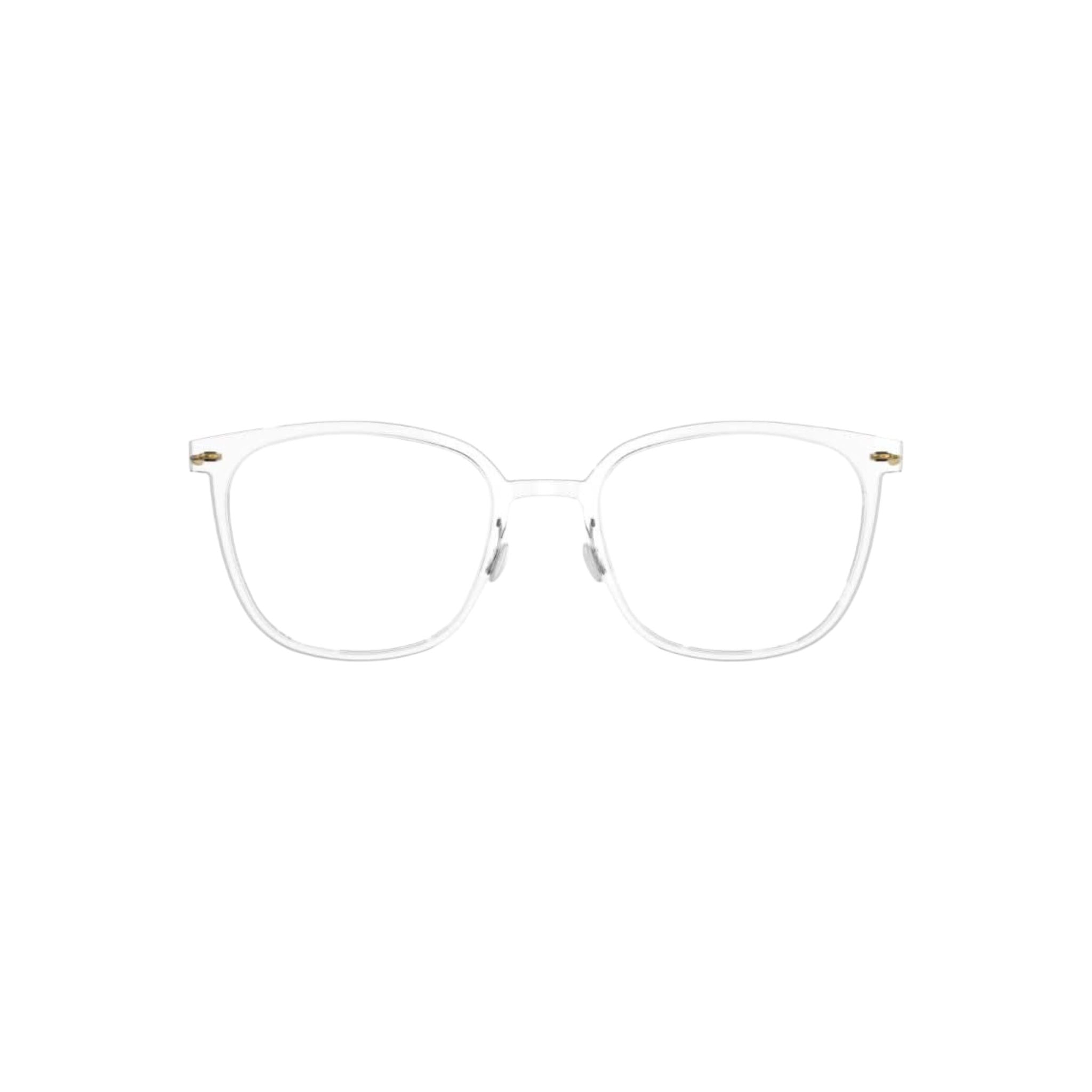 Frontansicht: "Brille Modell 6638 C07 von Lindberg, Frontansicht, klare transparente Acetatfassung mit eleganten goldenen Titanbügeln. Stilvoll und modern, erhältlich bei Brillen Schneider in München.