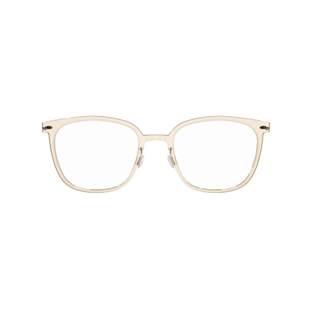 Brille Modell 6638 C21 von Lindberg, leicht braun transparente Acetatfassung mit dunkelgrauen Titanbügeln. Elegante Kombination aus klassischen und modernen Elementen, erhältlich bei Brillen Schneider in München.