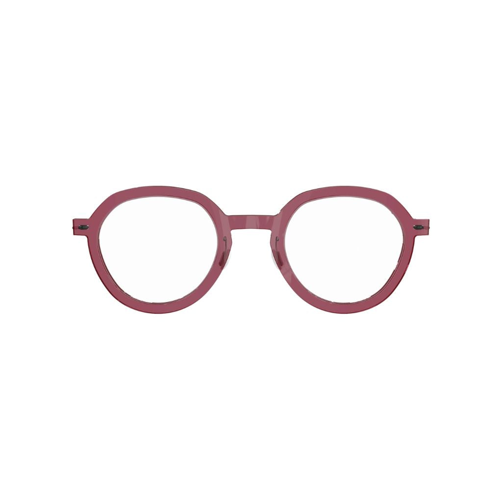 Frontansicht der Lindberg Brille 6640  C04– transparente, leicht beerenrote Acetatfront mit einer runden Form und dezenten, grauen Titanbügeln. Ein elegantes, modernes Design, erhältlich bei Brillen Schneider in München.