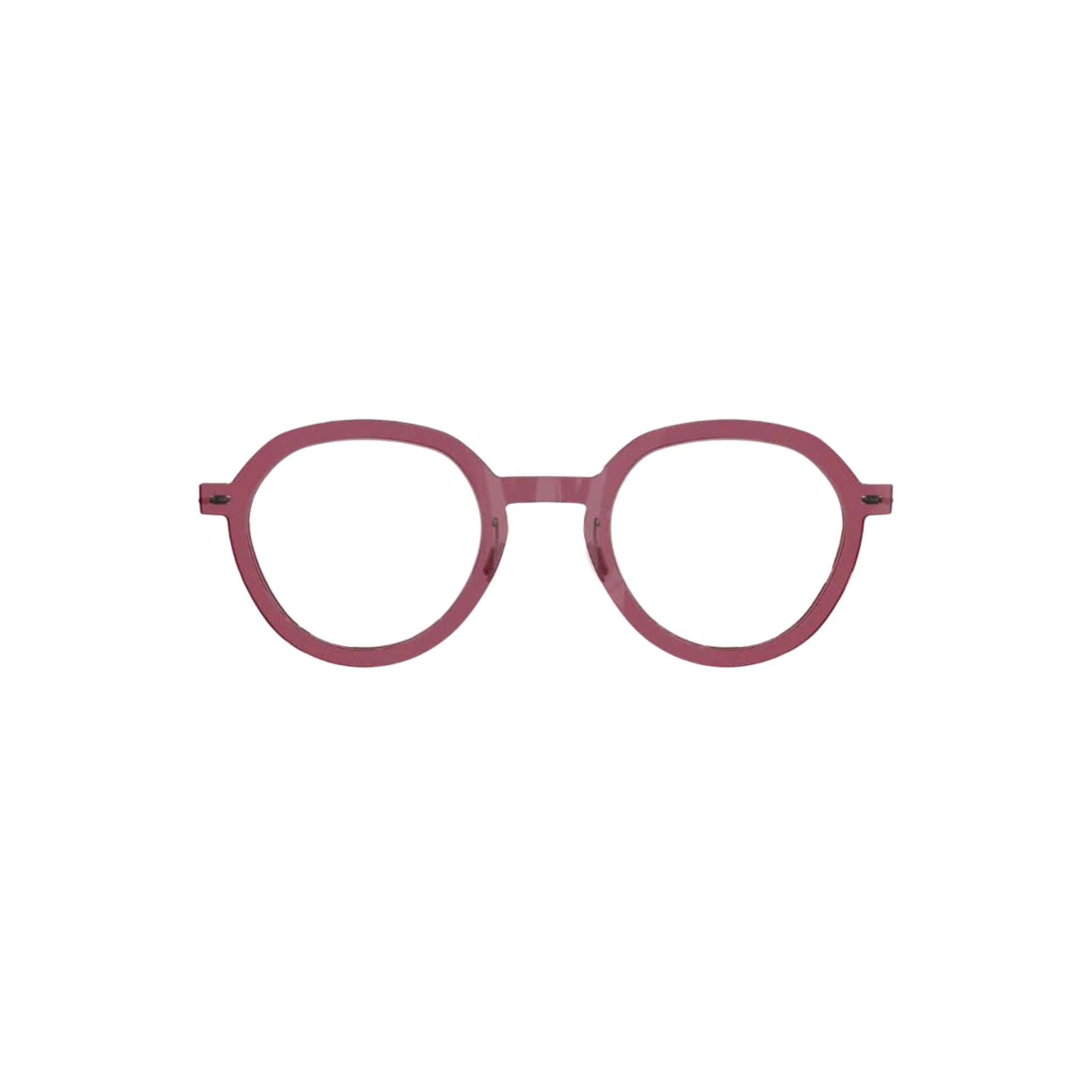 Frontansicht der Lindberg Brille 6640 C04– transparente, leicht beerenrote Acetatfront mit einer runden Form und dezenten, grauen Titanbügeln. Ein elegantes, modernes Design, erhältlich bei Brillen Schneider in München.