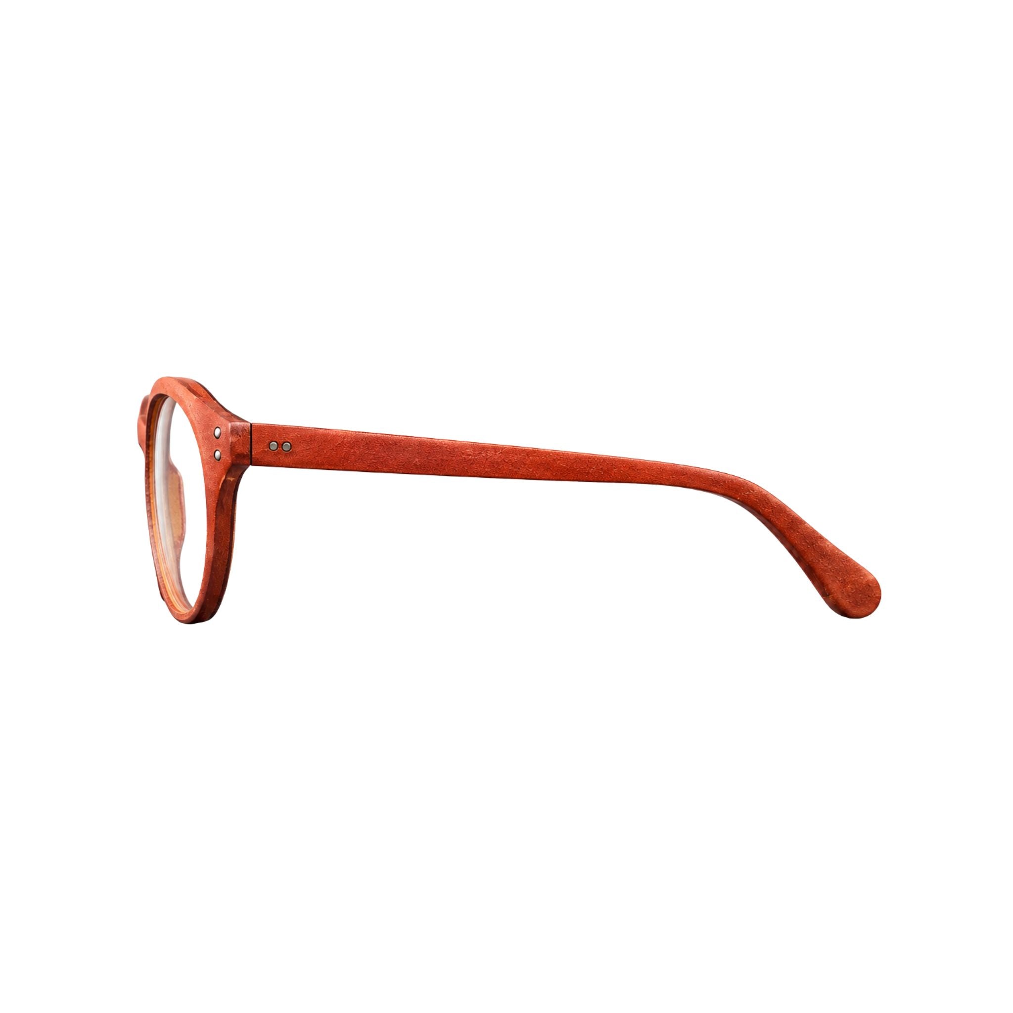LUCAS DE STAËL Zeppelin 10 Col. 04 Brille Seitenansicht Leder rotbraun runde Panto Designerbrille BRILLEN SCHNEIDER München