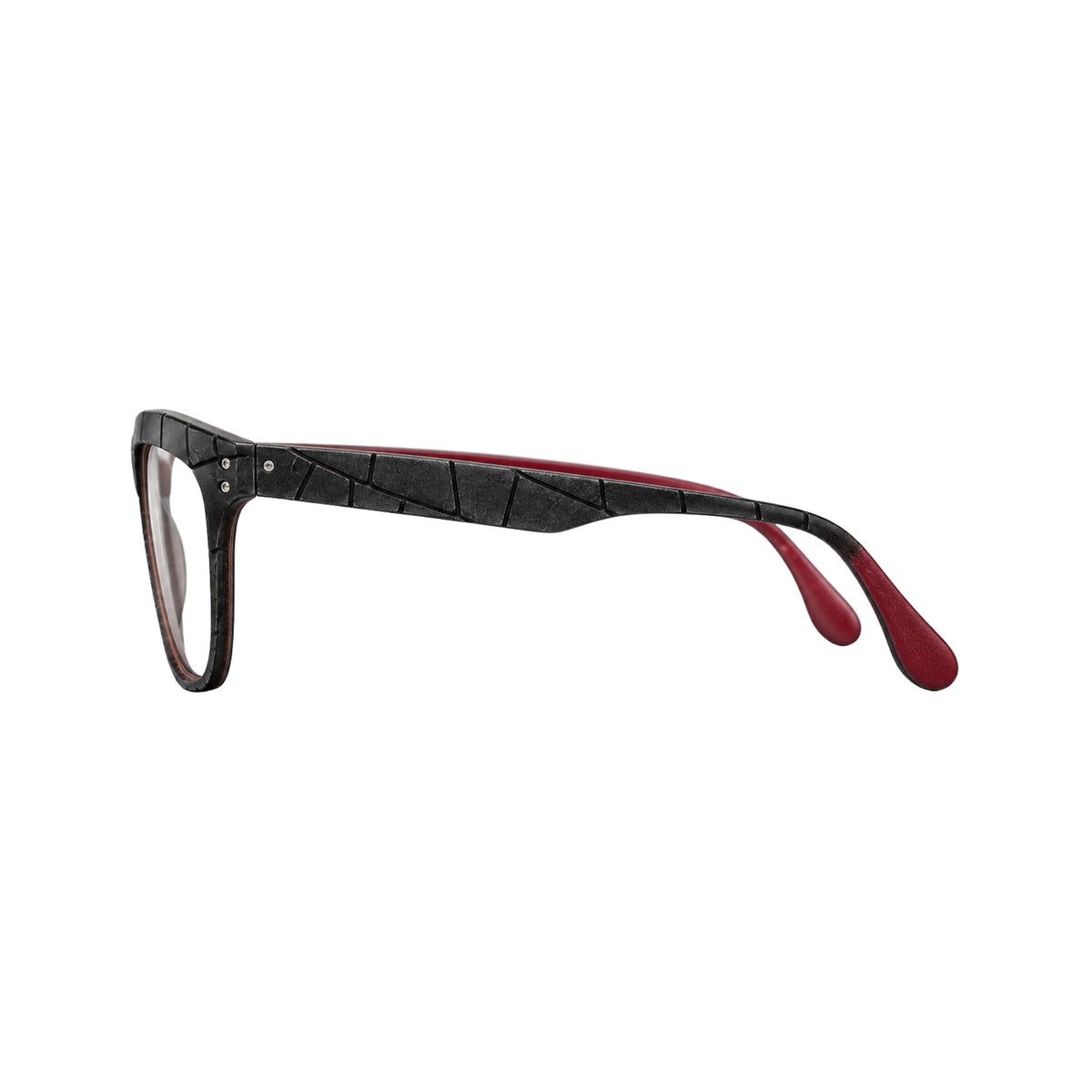 LUCAS DE STAËL Zeppelin 15 Col. 54 Brille Seitenansicht Cat-Eye Schwarz Rot strukturierte Designerfassung BRILLEN SCHNEIDER München