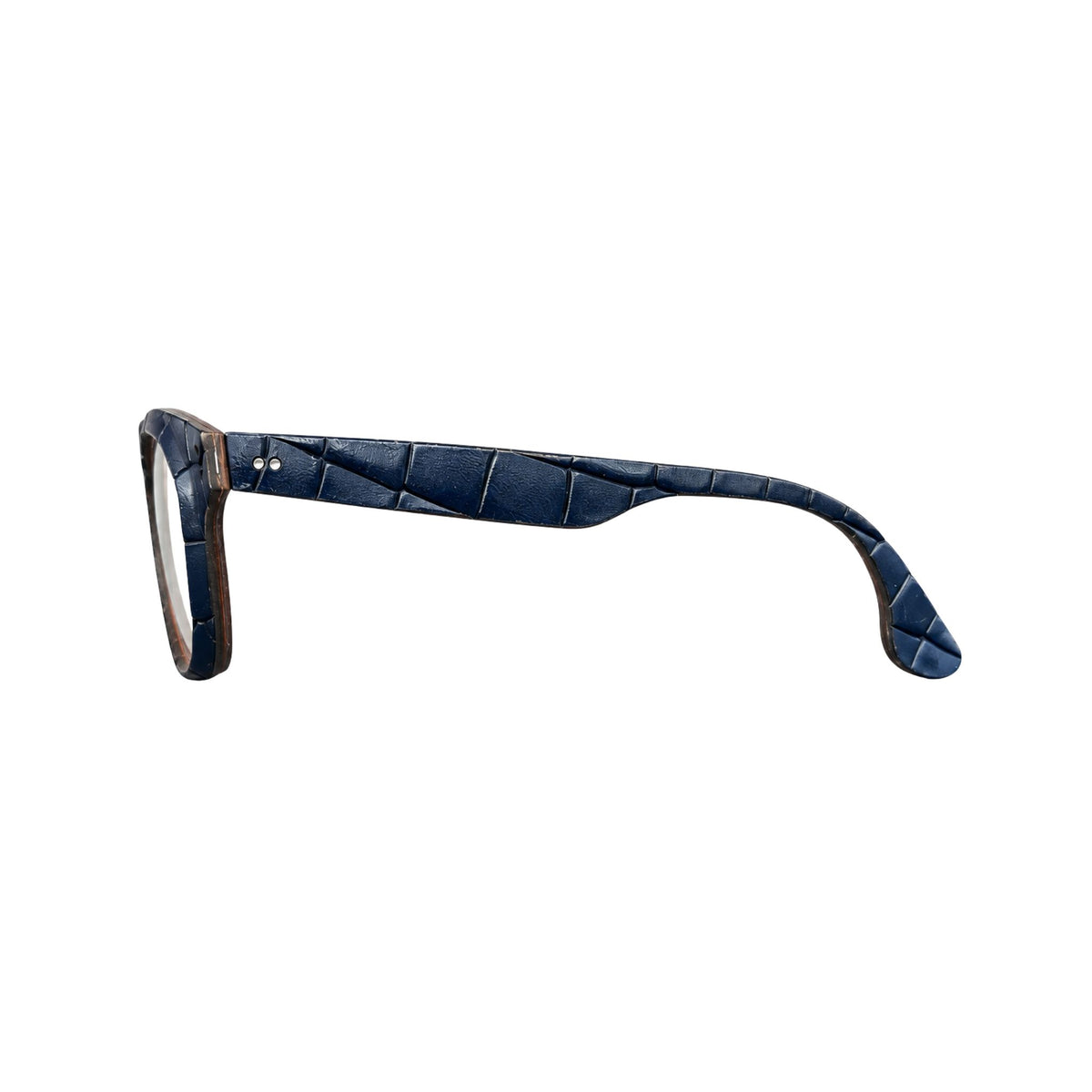 LUCAS DE STAËL Zeppelin 16 Col. 60 Brille Seitenansicht dunkelblau geprägtes Leder Designerbrille BRILLEN SCHNEIDER München