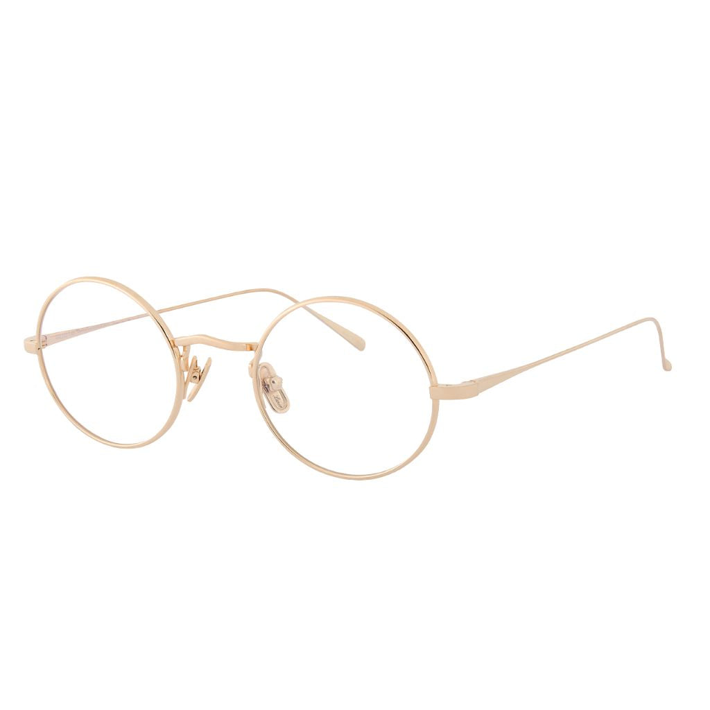 Designerbrille Lunor M9 02 in Gold – Seitenansicht feine, runde Titanfassung mit Nasenpads bei Brillen Schneider München Maxvorstadt