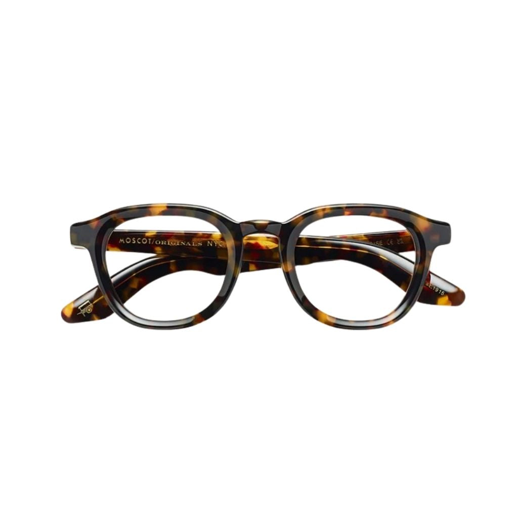 Designerbrille Moscot Dahven Tortoise – Frontansicht klassische Pantoform mit warmer Tortoise-Färbung bei Optik Bartholomä München