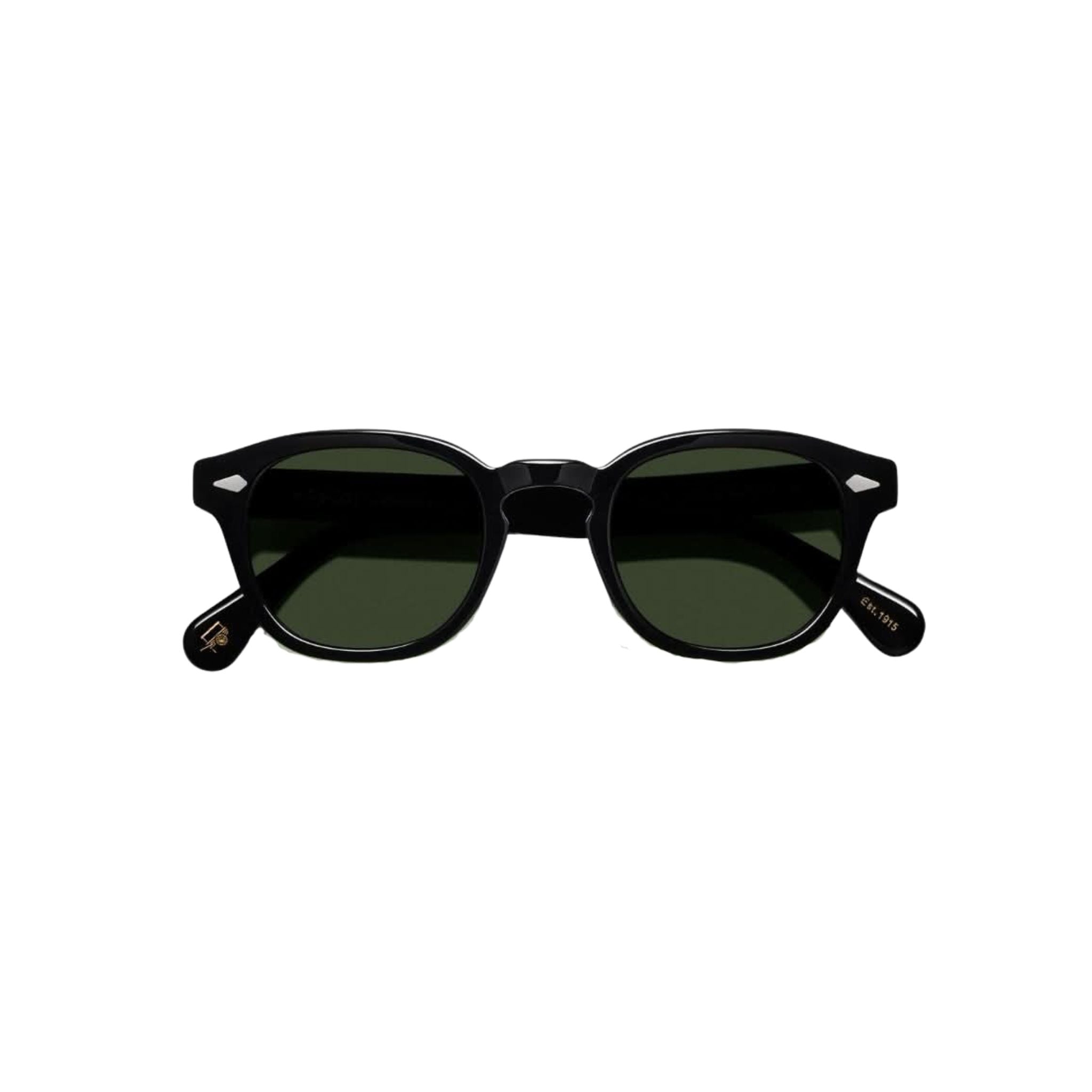 Moscot Lemtosh Sun in Black mit grünen Gläsern – klassische Sonnenbrille im Panto-Stil, erhältlich bei Optik Bartholomä in München.