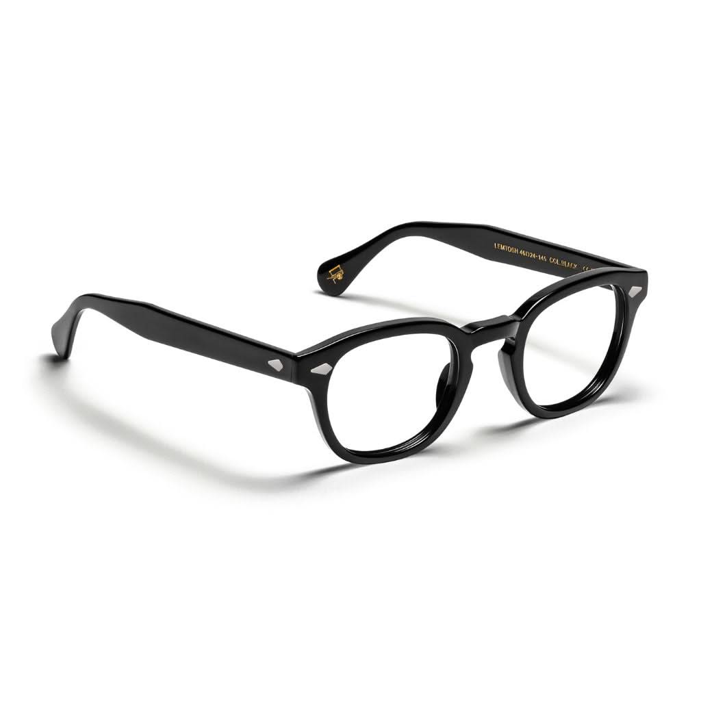 Seitenansicht der schwarzen Moscot Lemtosh mit schlichtem, matt glänzendem Acetatbügel und typischer Nietenfassung – verfügbar bei Optik Bartholomä in München.