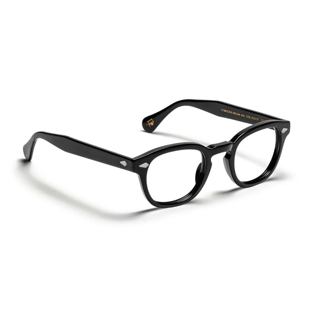Seitenansicht der schwarzen Moscot Lemtosh mit schlichtem, matt glänzendem Acetatbügel und typischer Nietenfassung – verfügbar bei Optik Bartholomä in München.