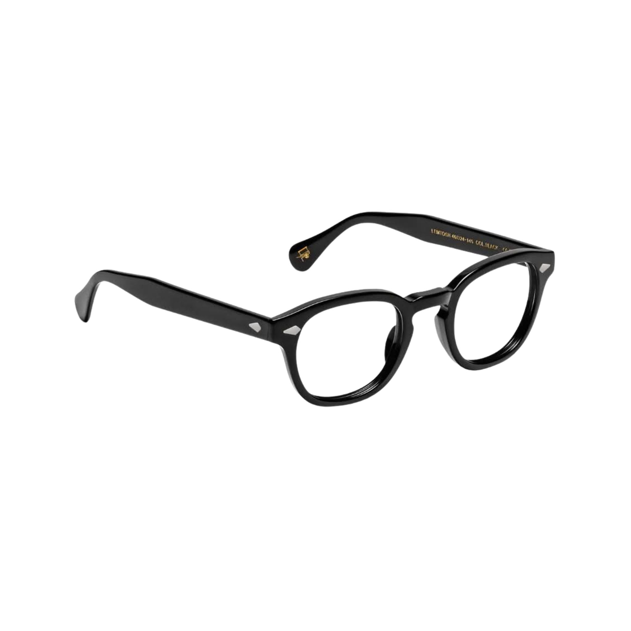 Seitenansicht der schwarzen Moscot Lemtosh mit schlichtem, matt glänzendem Acetatbügel und typischer Nietenfassung – verfügbar bei Optik Bartholomä in München.