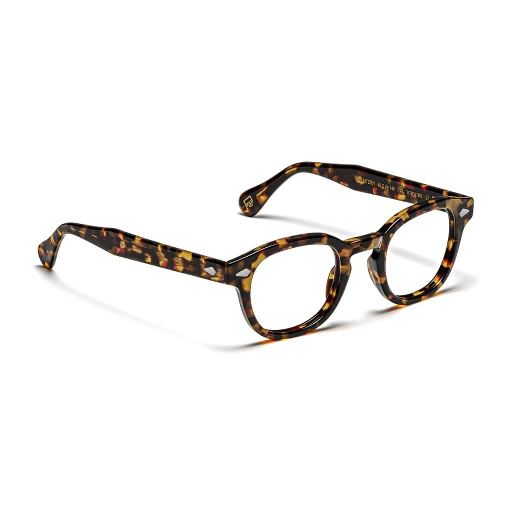 Seitenansicht der Brille Lemtosh Tortoise von Moscot mit kräftigem Bügel, goldenen Details und charakteristischem Retro-Look – exklusiv bei Optik Bartholomä in München.