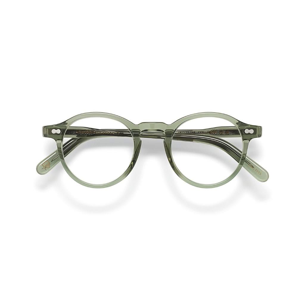 Moscot Miltzen in Sage – elegante Brille im Panto-Stil mit transparentem grünen Acetatrahmen, erhältlich bei Optik Bartholomä in München