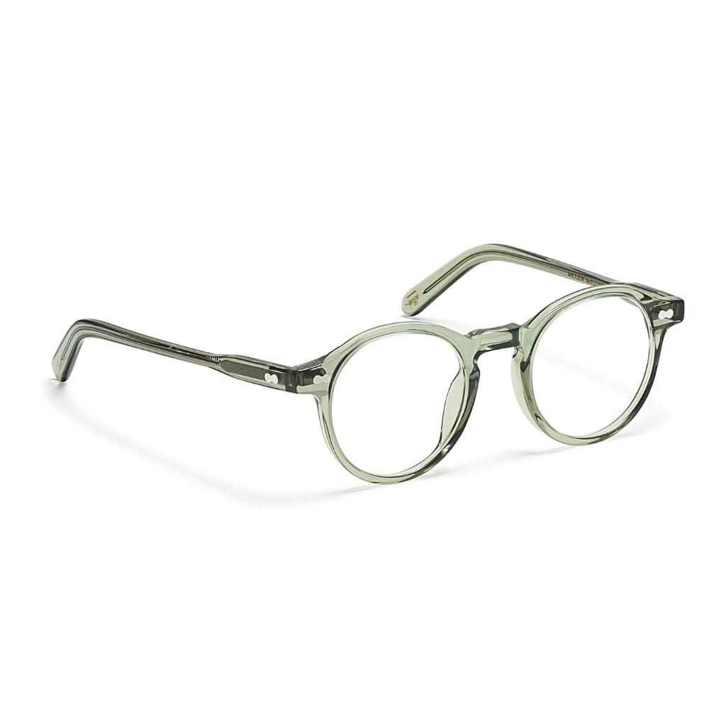 Seitenansicht der Moscot Miltzen in Sage – stilvolle Panto-Brille mit Schlüssellochsteg und transparentem grünen Acetatrahmen, erhältlich bei Optik Bartholomä in München