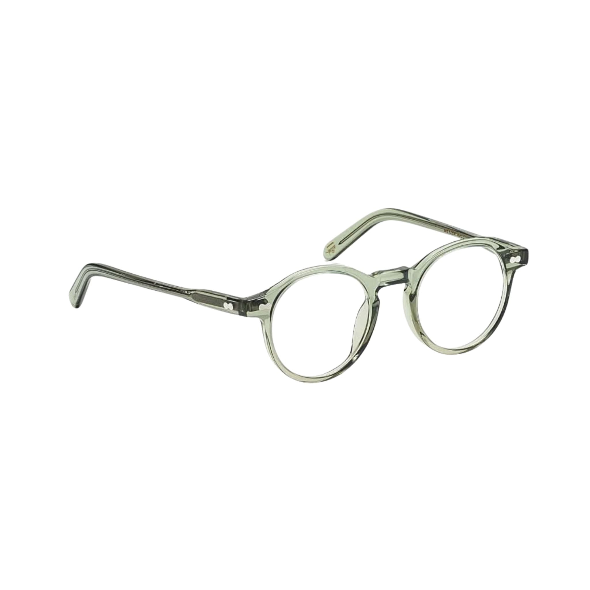 Seitenansicht der Moscot Miltzen in Sage – stilvolle Panto-Brille mit Schlüssellochsteg und transparentem grünen Acetatrahmen, erhältlich bei Optik Bartholomä in München