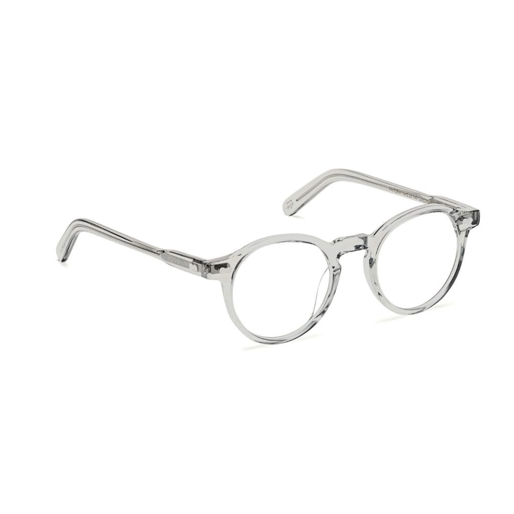 Seitenansicht der Moscot Miltzen in Light Grey – elegante Brille im Panto-Stil mit transparentem grauen Acetatrahmen, erhältlich bei Optik Bartholomä in München.