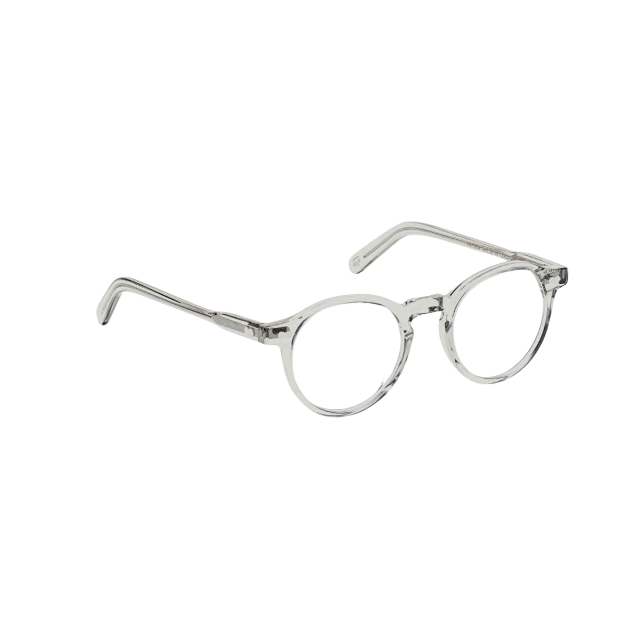 Seitenansicht der Moscot Miltzen in Light Grey – elegante Brille im Panto-Stil mit transparentem grauen Acetatrahmen, erhältlich bei Optik Bartholomä in München.