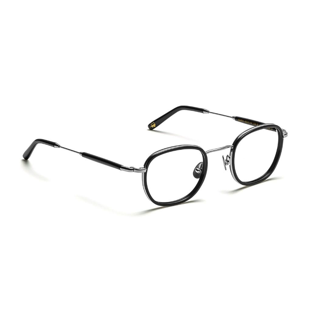 Seitenansicht der Brille Mosha in Black von Moscot – filigraner Metallbügel kombiniert mit einem klassischen Windsor-Rahmen aus schwarzem Acetat, exklusiv bei Optik Bartholomä in München.