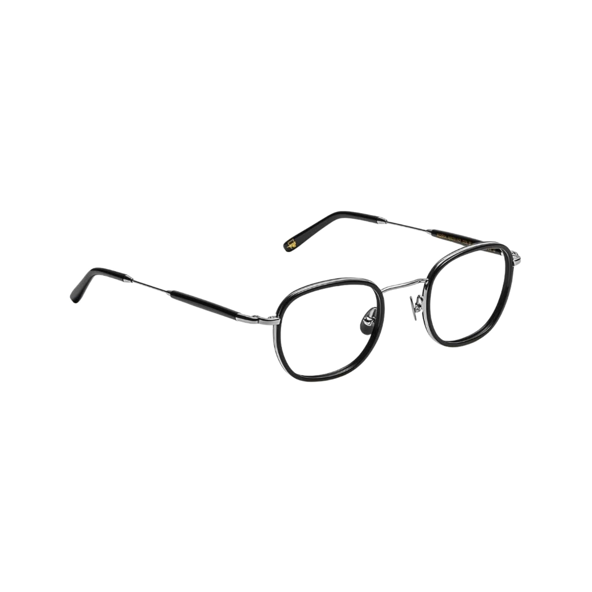 Seitenansicht der Brille Mosha in Black von Moscot – filigraner Metallbügel kombiniert mit einem klassischen Windsor-Rahmen aus schwarzem Acetat, exklusiv bei Optik Bartholomä in München.