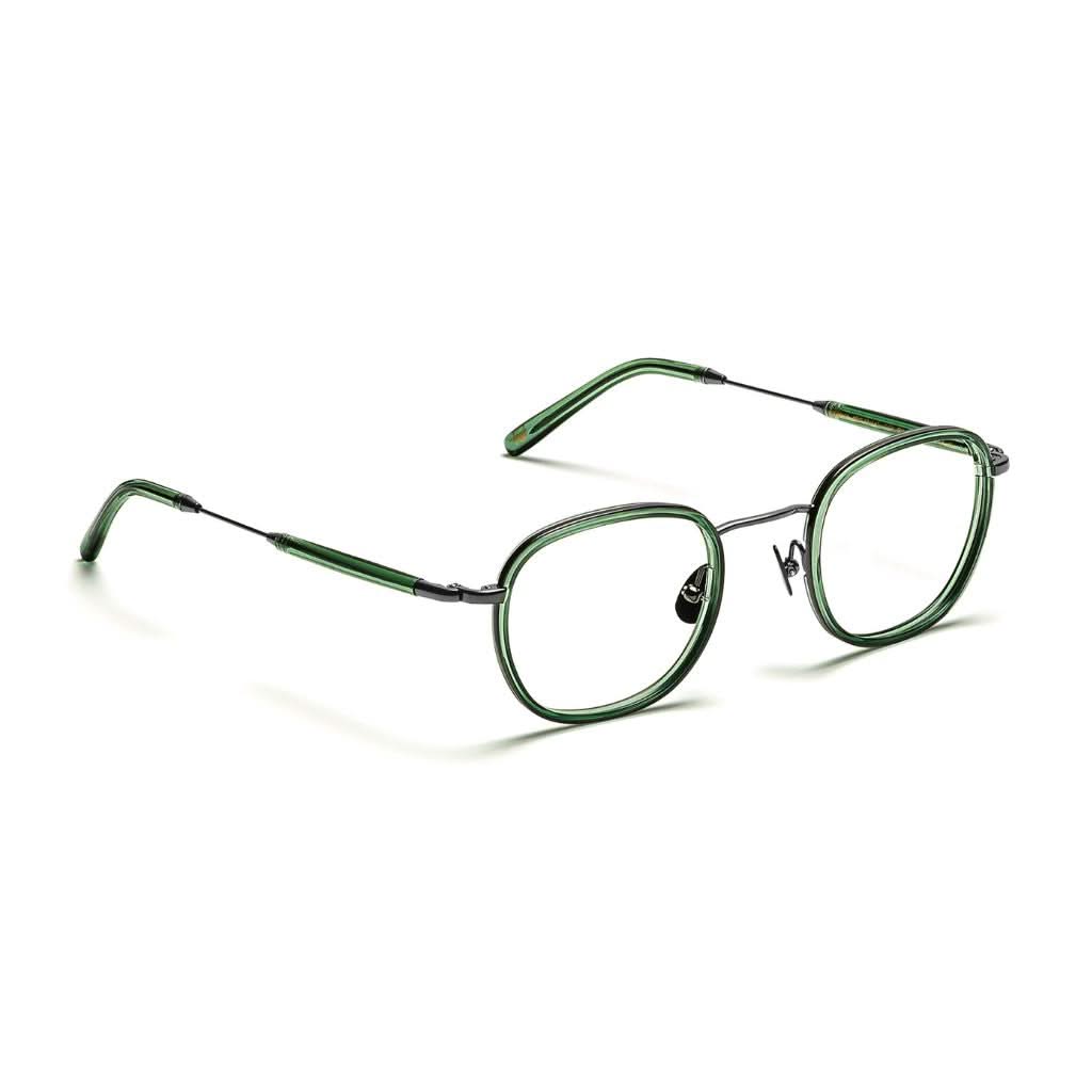 Seitenansicht der Moscot Brille Mosha in Pine – schlanker Metallbügel kombiniert mit einem Windsor-Acetat-Rahmen, exklusiv bei Optik Bartholomä in München.