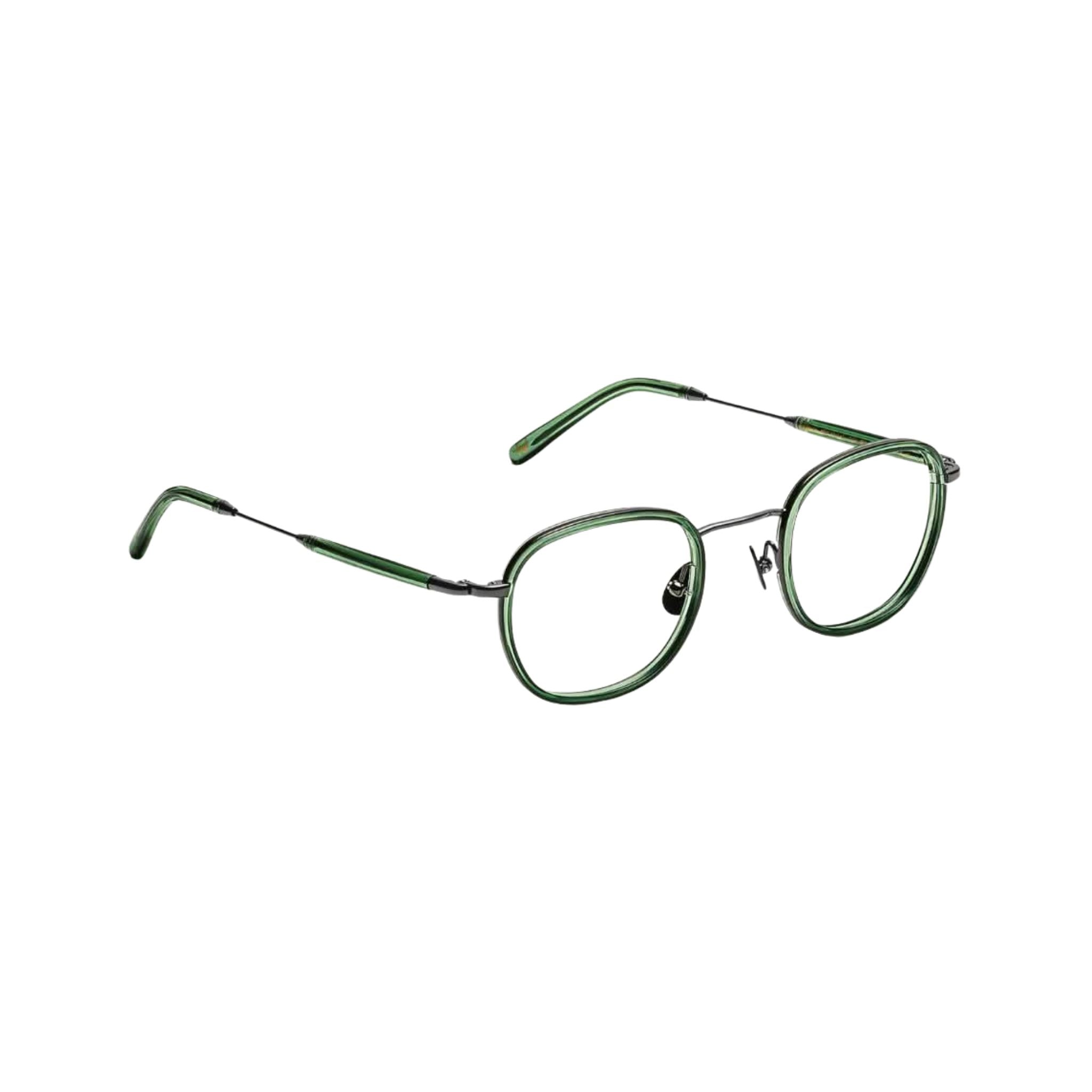 Seitenansicht der Moscot Brille Mosha in Pine – schlanker Metallbügel kombiniert mit einem Windsor-Acetat-Rahmen, exklusiv bei Optik Bartholomä in München.