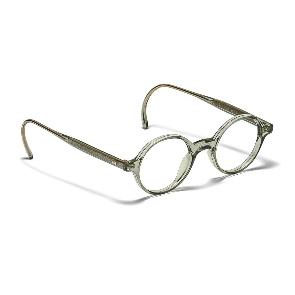 Seitenansicht der Moscot SCOOCH Brille in Sage, bei Optik Bartholomä in München – geschwungenes Design mit detailreicher Verarbeitung und Retro-Charme.