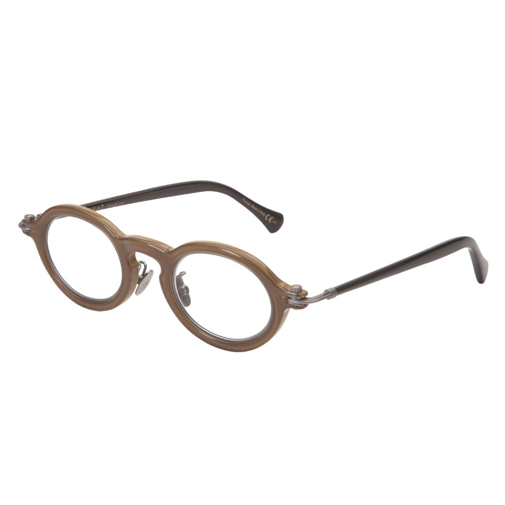 TAVAT Token Cappuccino Seitenansicht – handgefertigte Acetatbrille in warmem Braun mit filigranen Metallbügeln Brillen Schneider - Optiker München seit 1970