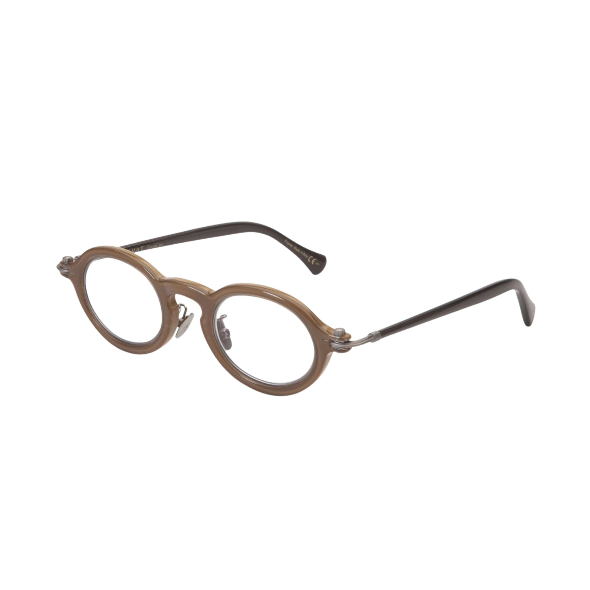 TAVAT Token Cappuccino Seitenansicht – handgefertigte Acetatbrille in warmem Braun mit filigranen Metallbügeln Brillen Schneider - Optiker München seit 1970