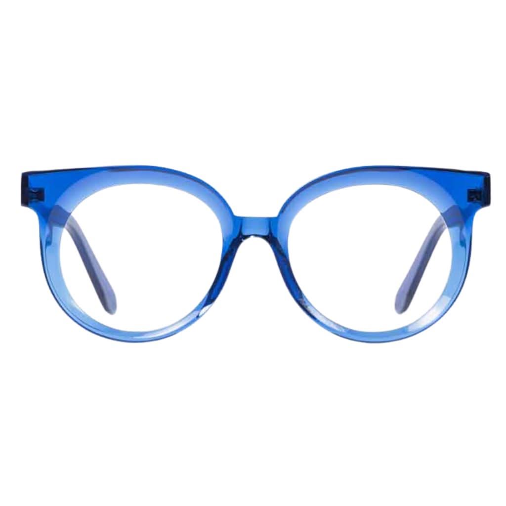 Frontansicht der Veronika Wildgruber Eyewear Brille in blau aus nachhaltigen Acetat - exklusives Modell bei Brillen Schneider München erhältlich