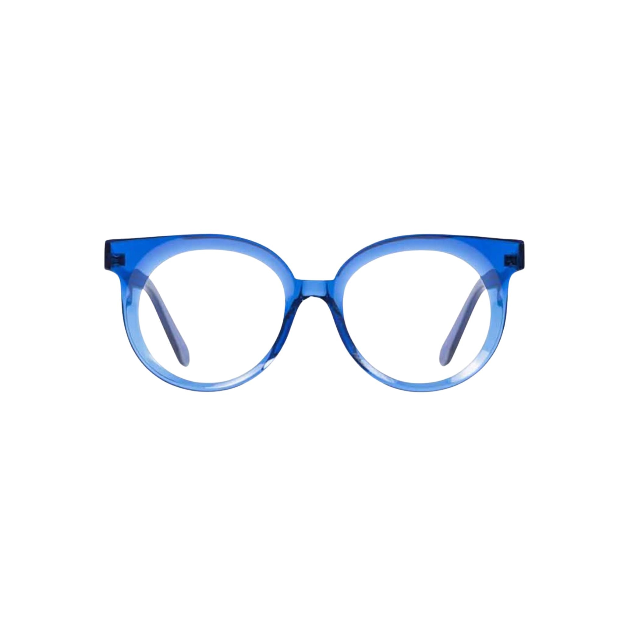 Frontansicht der Veronika Wildgruber Eyewear Brille in blau aus nachhaltigen Acetat - exklusives Modell bei Brillen Schneider München erhältlich