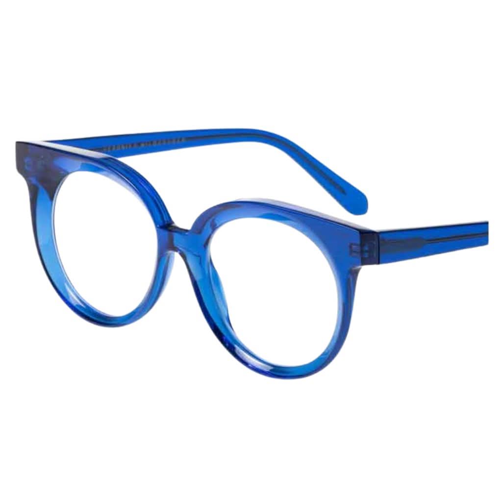 Seitenansicht der Veronika Wildgruber Eyewear Brille in blau ausgefallene Designerbrille - bei Brillen Schneider in München erhältlich