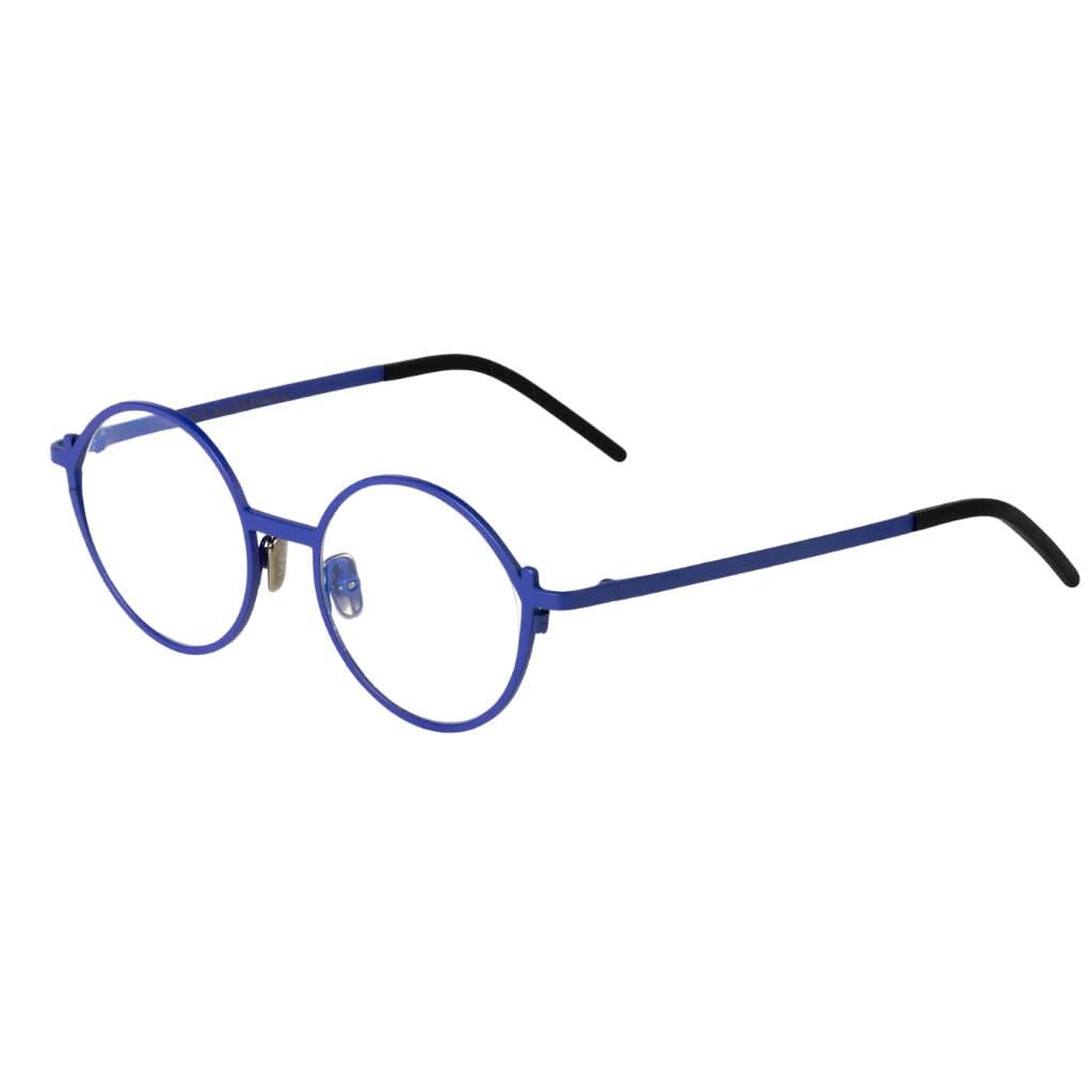 Seitenansicht der Veronika Wildgruber LUKE 080 Electric Blue – elegante Designerbrille aus Metall mit besonderem Bügeldetail bei Brillen Schneider - Ihr Opitker seit 1970 in München
