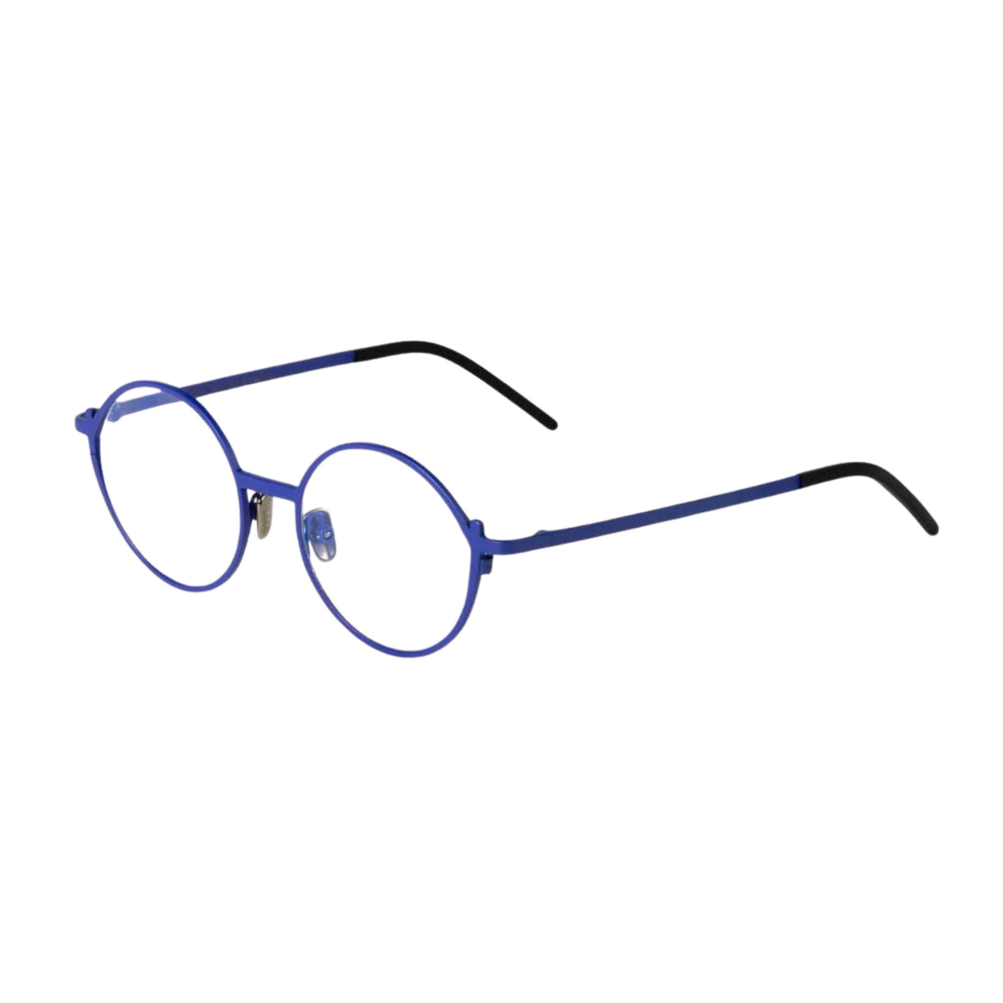 Seitenansicht der Veronika Wildgruber LUKE 080 Electric Blue – elegante Designerbrille aus Metall mit besonderem Bügeldetail bei Brillen Schneider - Ihr Opitker seit 1970 in München