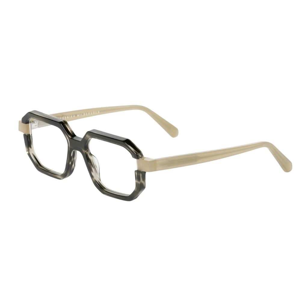 Designerbrille Veronika Wildgruber PALMER 201 in Noisette – Seitenansicht geometrische Brille mit räumlichem Bügeldesign bei Brillen Schneider München
