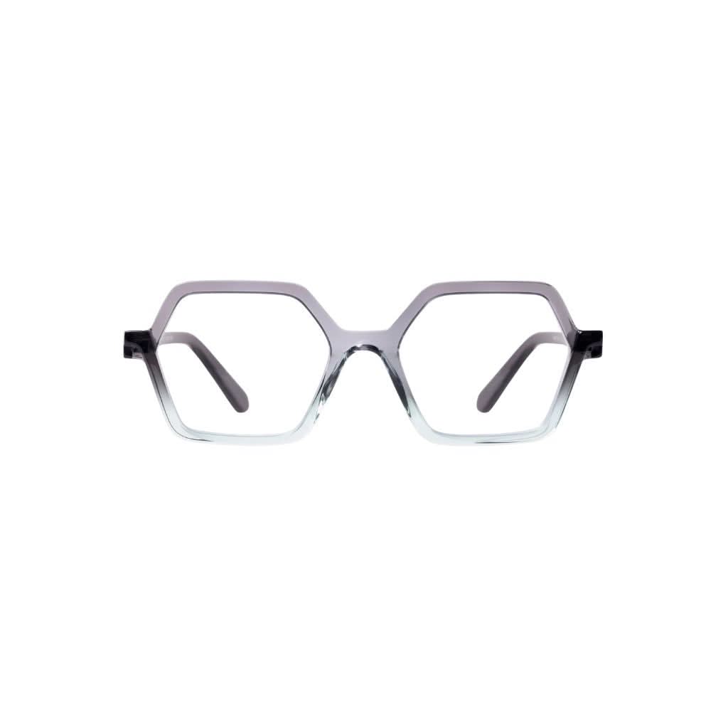Frontansicht der Veronika Wildgruber VEGA 188 in Mist – hexagonale Designerbrille aus transparentem Acetat mit Mint-Verlauf bei Brillen Schneider München