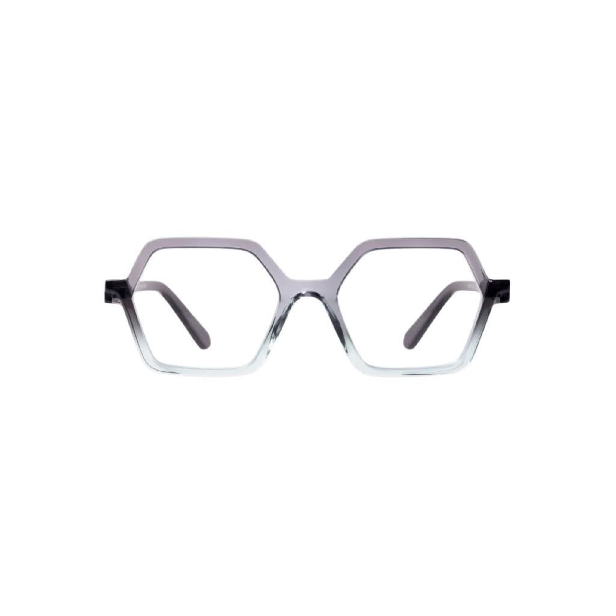 Frontansicht der Veronika Wildgruber VEGA 188 in Mist – hexagonale Designerbrille aus transparentem Acetat mit Mint-Verlauf bei Brillen Schneider München