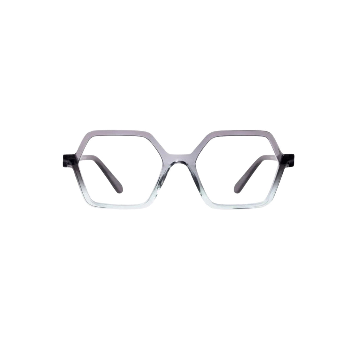 Frontansicht der Veronika Wildgruber VEGA 188 in Mist – hexagonale Designerbrille aus transparentem Acetat mit Mint-Verlauf bei Brillen Schneider München