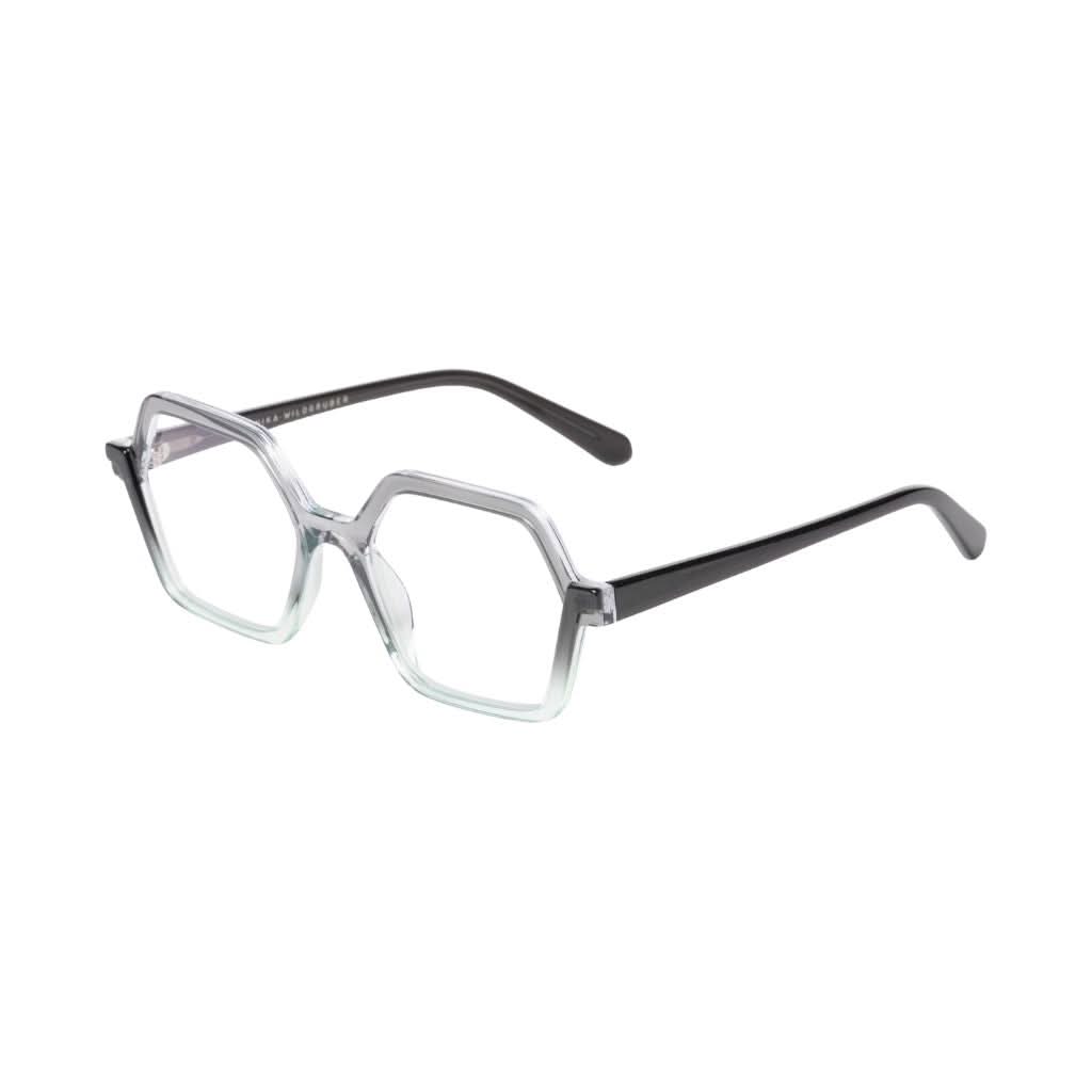 Seitenansicht der Veronika Wildgruber VEGA 188 Mist – skulpturale Acetatbrille mit besonderer Materialstruktur bei Brillen Schneider München