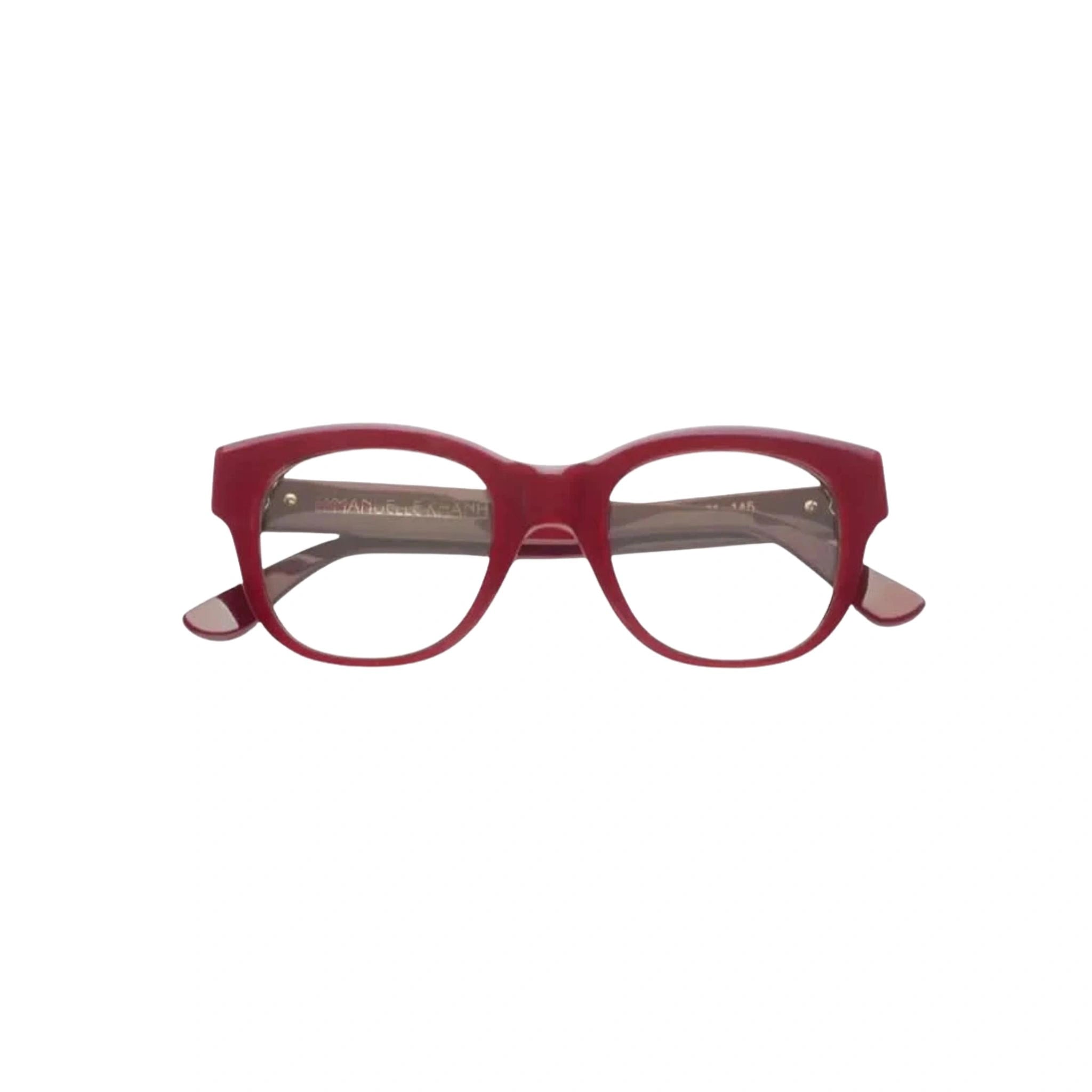 Emmanuelle Khanh Brille Amour X in Rot, elegante Designerbrille mit markantem roten Rahmen. Erhältlich bei Brillen Schneider, Ihrem Optiker in München, für hochwertige Augenoptik.