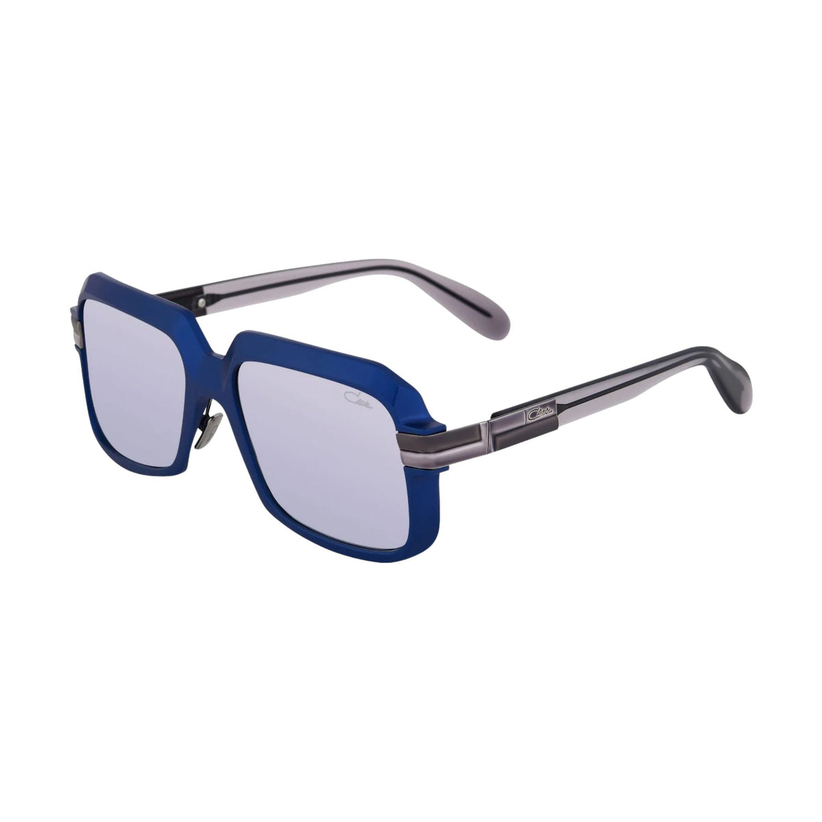 CAZAL 607/3 803 blaue Designer-Sonnenbrille mit geometrischer Front, violett getönten Gläsern und metallischen CAZAL-Bügeldetails