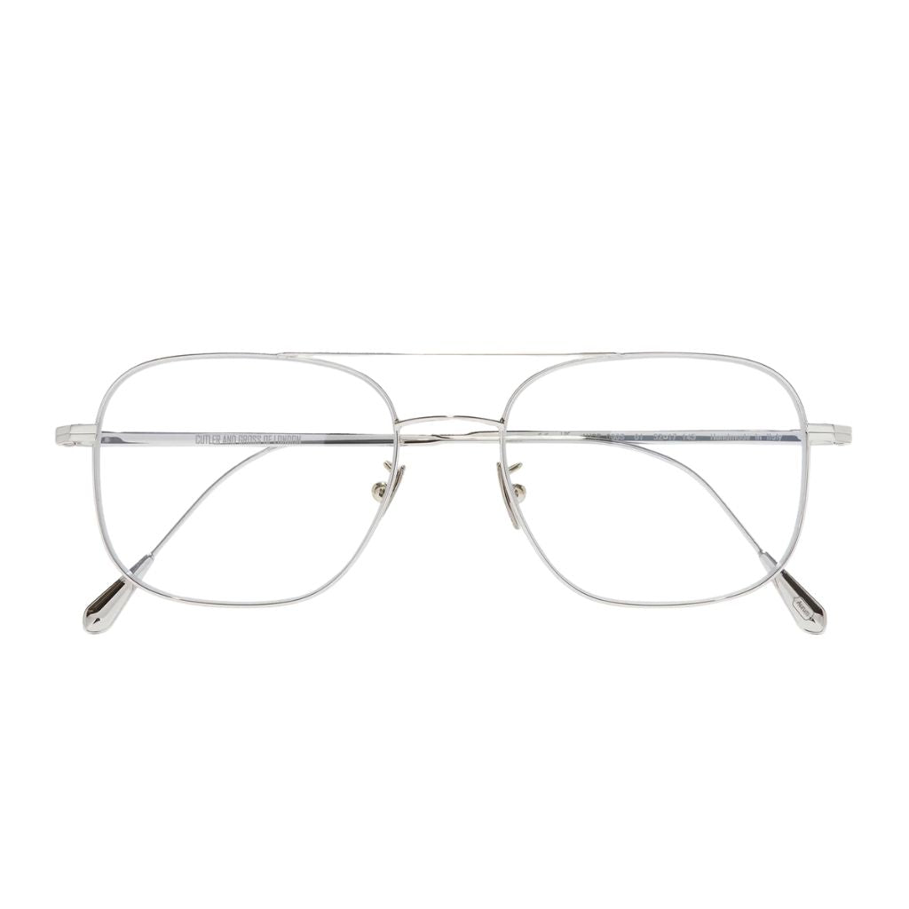 Designerbrille Cutler and Gross 0003 Aviator – Detailansicht feine Metallfassung in 18K White Gold Rhodium bei Brillen Schneider München