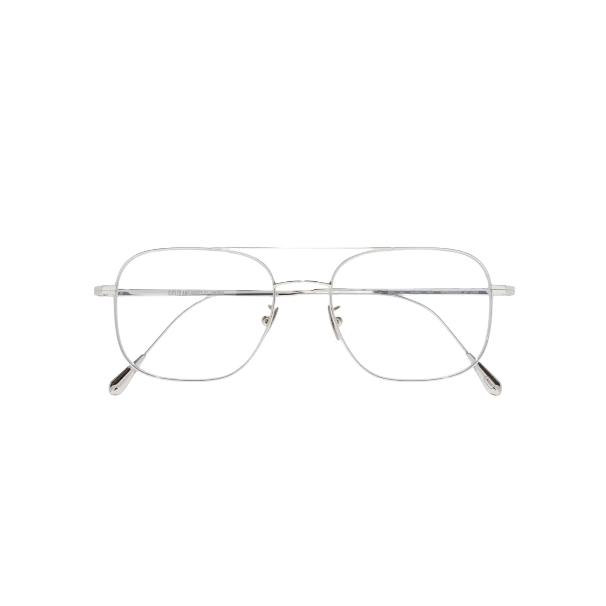 Designerbrille Cutler and Gross 0003 Aviator – Detailansicht feine Metallfassung in 18K White Gold Rhodium bei Brillen Schneider München