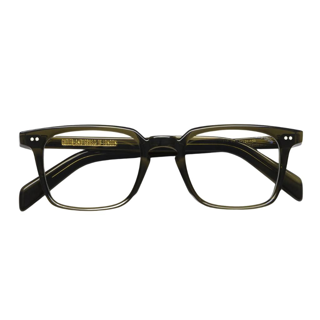 Designerbrille Cutler and Gross GR10 Olive – Detailansicht markante, quadratische Fassung aus der Graham Cutler Collection bei Brillen Schneider München