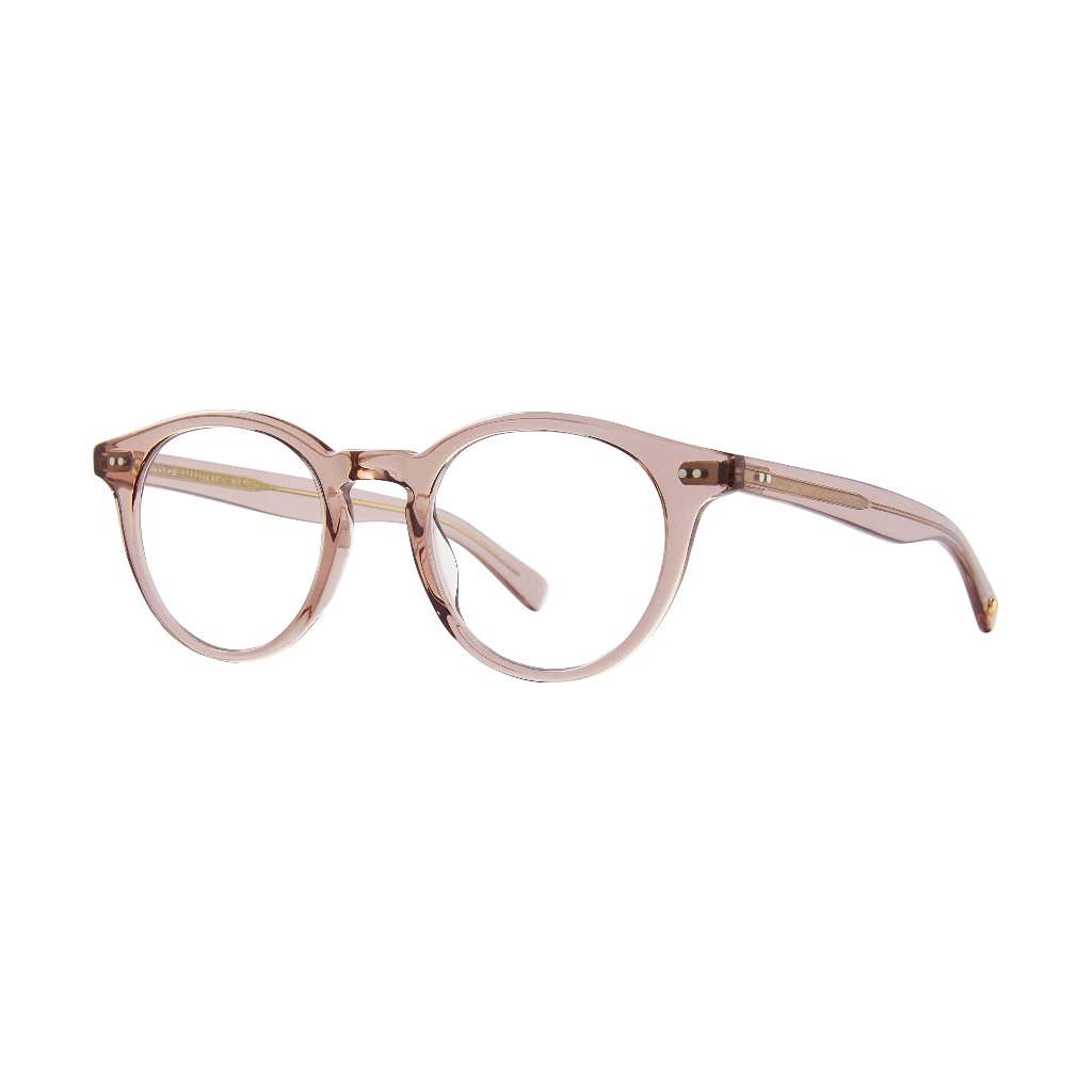 Detailansicht der Garrett Leight Brille, Modell Clune X in der Farbe Desert Rose, erhältlich bei Optik Bartholomä in München. Präzise Verarbeitung mit eleganten Akzenten und sanften Rosatönen für einen modernen Look.