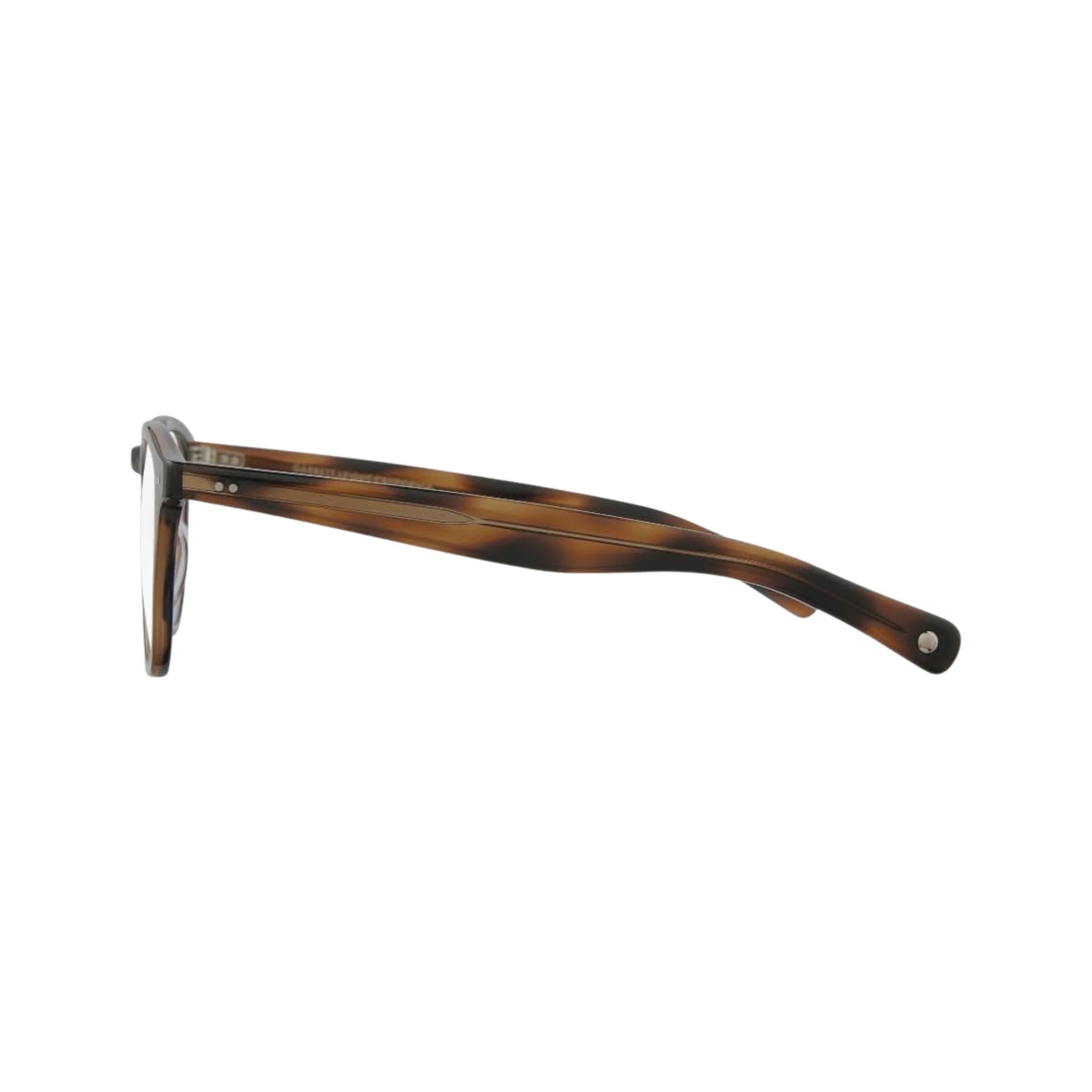 Seitenansicht der Garrett Leight Brille, Modell Hampton X in der Farbe Spotted Brown, erhältlich bei Optik Bartholomä in München. Elegantes Design mit einem markanten, gesprenkelten Brauntönen und klarer, moderner Linienführung.