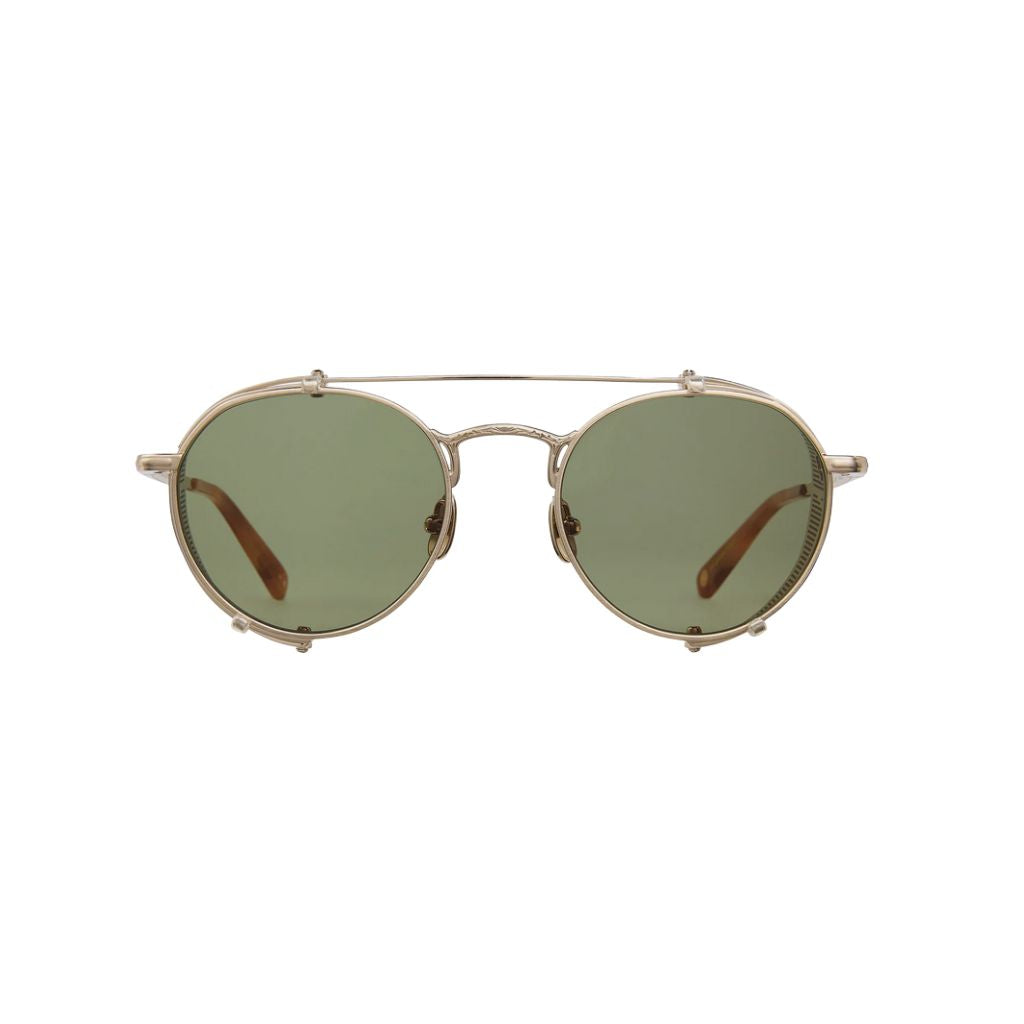 Garrett Leight OCAMPO Sun Brushed Gold Sonnenbrille Frontansicht rund Unisex grüne Gläser Seitenschutz Designer München Optiker Optik Bartholomä